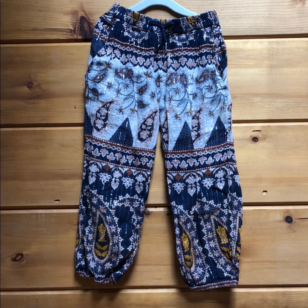 Pink Chicken pants silver strand blue yellow paisley size 5